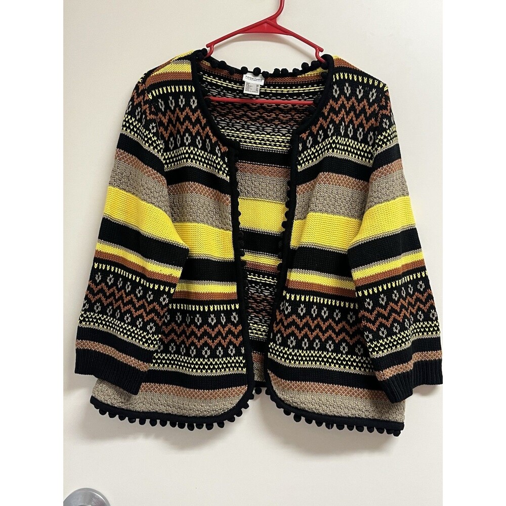 Together Women Multi Color Geometric Fair Isle Pom Pom Open Front Cardigan 14/XL